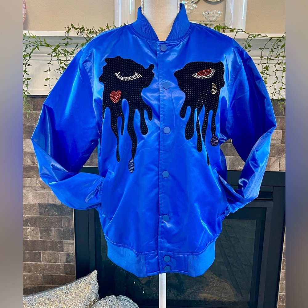 Roku Studio Rhinestones Tear Drop Varsity Jacket Coat Shiny Royal Blue Unisex